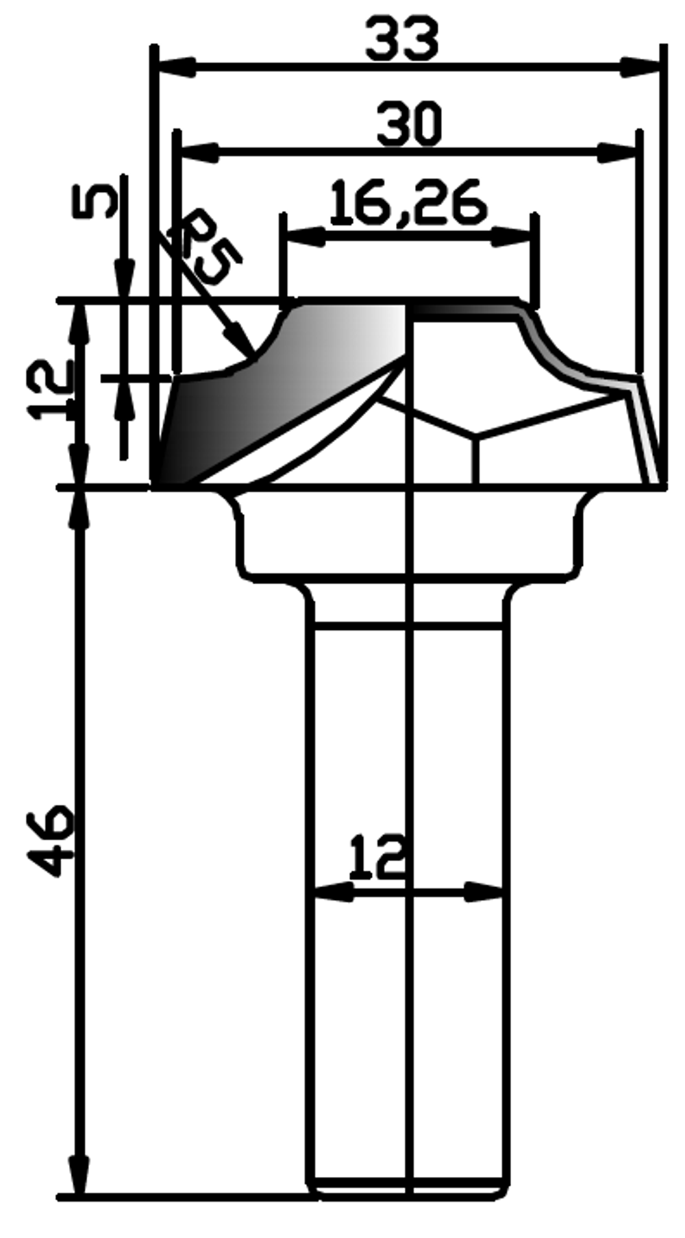 PCD профильная фреза D.33x12 12x46 Z2