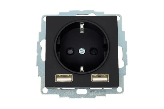 Розетка Systeme Electric ATLASDESIGN с заземлением со шторкой + 2 USB 2400мА карбон 38387