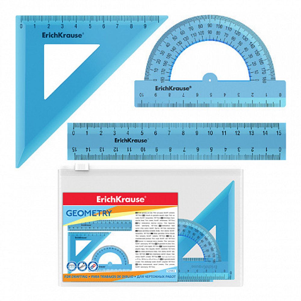 Набор чертежный ЭРИХ КРАУЗЕ (линейка, угольник, транспортир) голубой (52991)