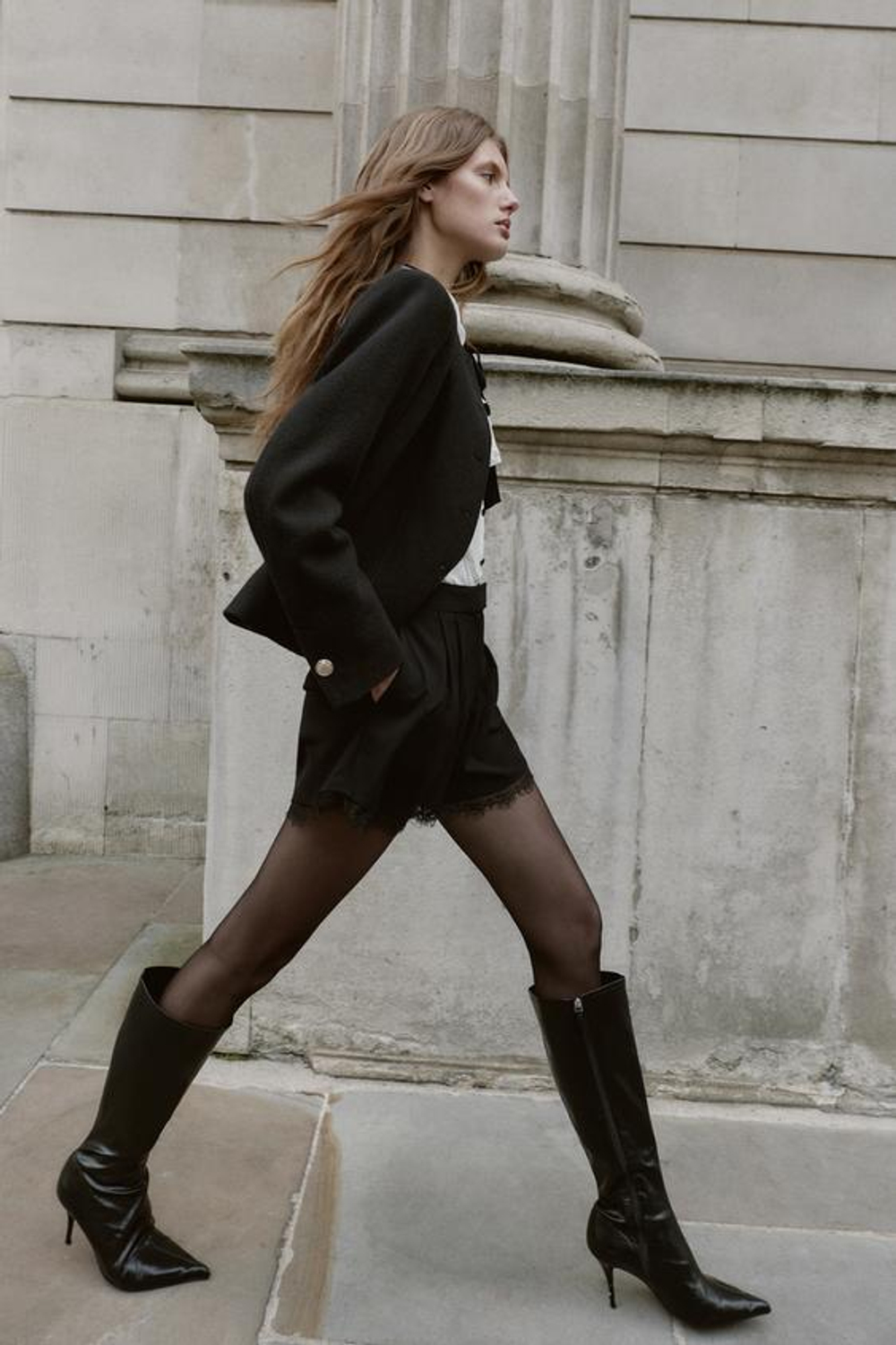 ZARA ШОРТЫ-БЕРМУДЫ С КРУЖЕВОМ, ЧЕРНЫЙ