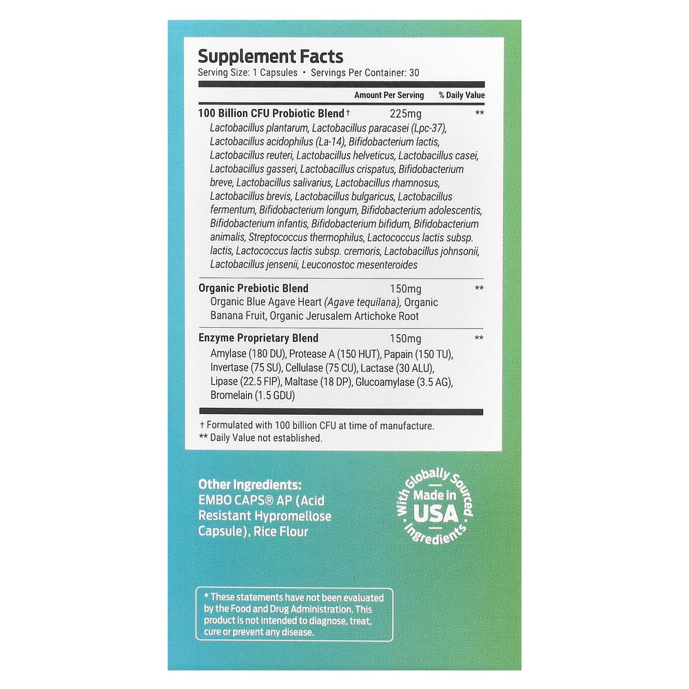 Forest Leaf, Пробиотики + натуральный пребиотик с пищеварительными ферментами, максимальная эффективность, 30 вегетарианских капсул