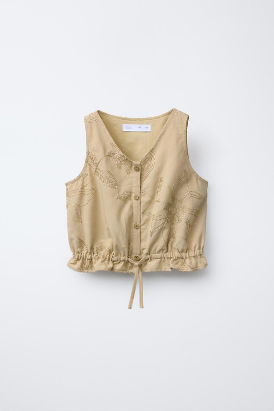 ZARA ТОП С ВЫШИВКОЙ, СВЕТЛО-БЕЖЕВЫЙ