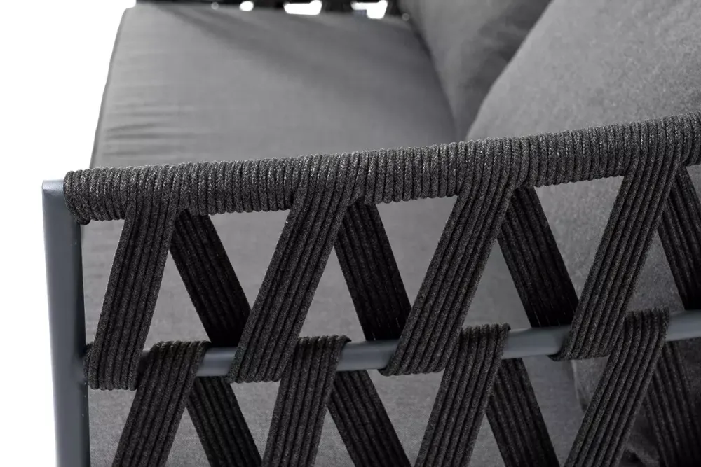 "Диего" диван 2-местный плетеный из роупа, каркас алюминий темно-серый (RAL7024) муар, роуп темно-серый круглый, ткань темно-серая 027