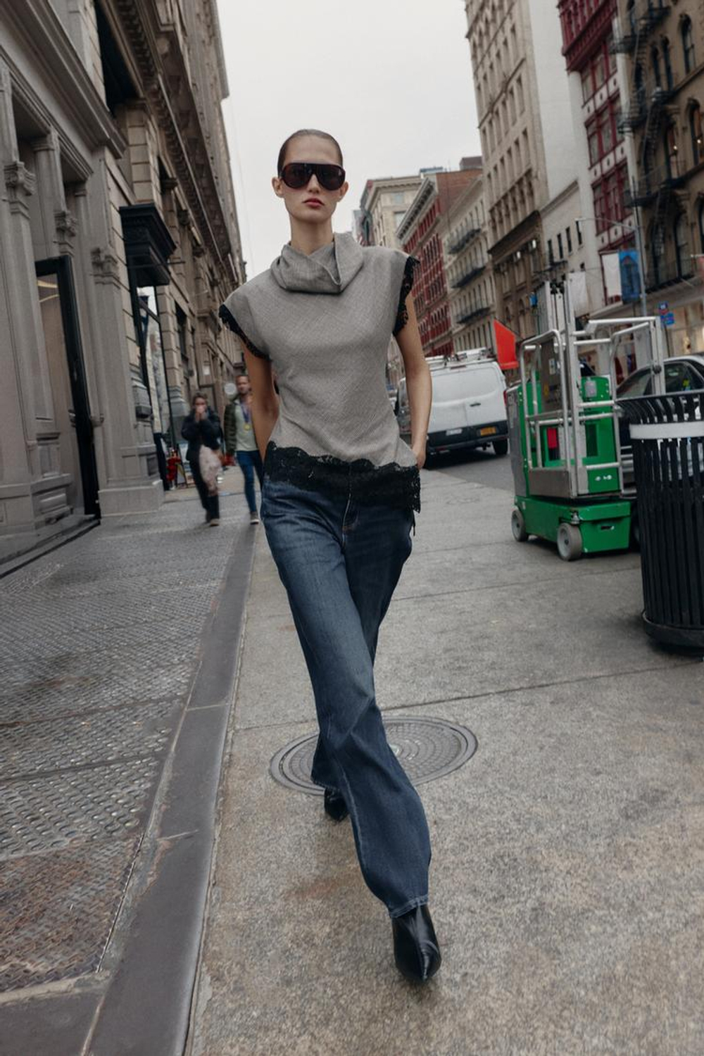 ZARA ТОП С УЗОРОМ «ГУСИНАЯ ЛАПКА» И КРУЖЕВОМ, ЧЕРНЫЙ/ЭКРЮ