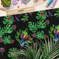 Ткань таффета тукан с листьями монстеры