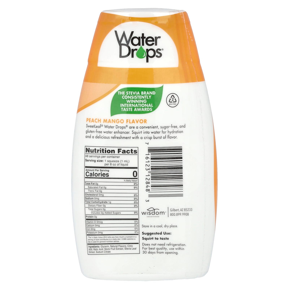 SweetLeaf Stevia, Water Drops®, вкусная стевия, усилитель воды, персик и манго, 48 мл (1,62 жидк. Унции)