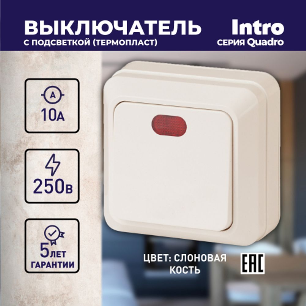 Выключатель Intro Quadro 2-102-02 одноклавишный с подсветкой, 10А-250В, IP20, ОУ, слоновая кость | Intro