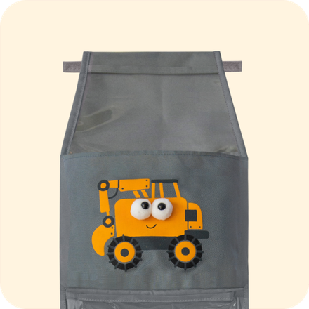 Кармашки для детского сада, на липучке. Экскаватор с глазками-помпонами