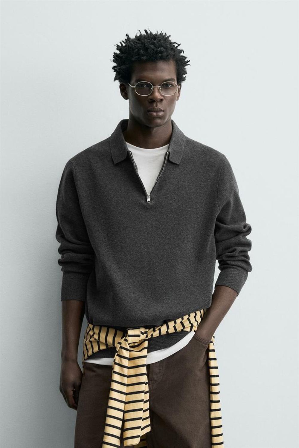 ZARA ТРИКОТАЖНОЕ ПОЛО НА МОЛНИИ, СЕРЫЙ МЕЛАНЖ