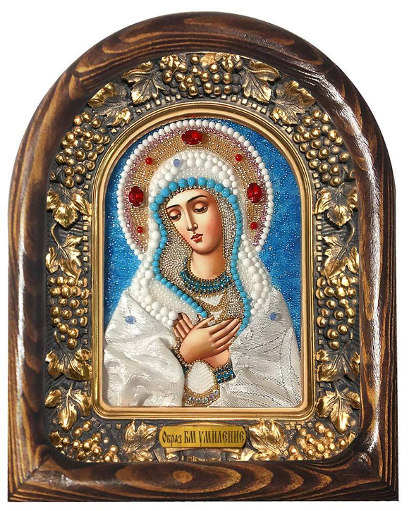 Божия Матерь Умиление в ткани (бисер, бирюза, белый агат, коралл)