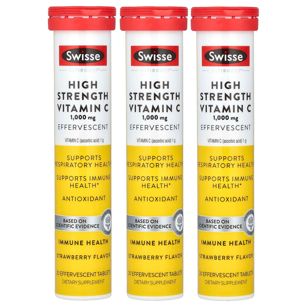Swisse, Ultiboost ™, витамин C высокой эффективности, клубника, 1000 мг, 3 тюбика, 20 шипучих таблеток в каждой