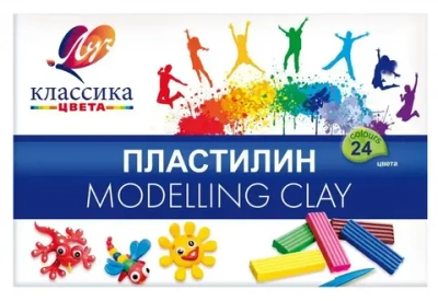 Пластилин, 24 цвета, 480 гр, стек, пластиковая коробка в картонном чехле, Классика, Луч.