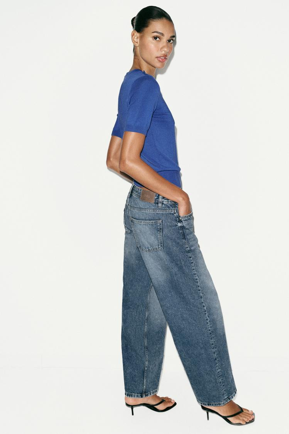 ZARA БАЗОВЫЙ ТРИКОТАЖНЫЙ СВИТЕР С КОРОТКИМИ РУКАВАМИ, СИНИЙ