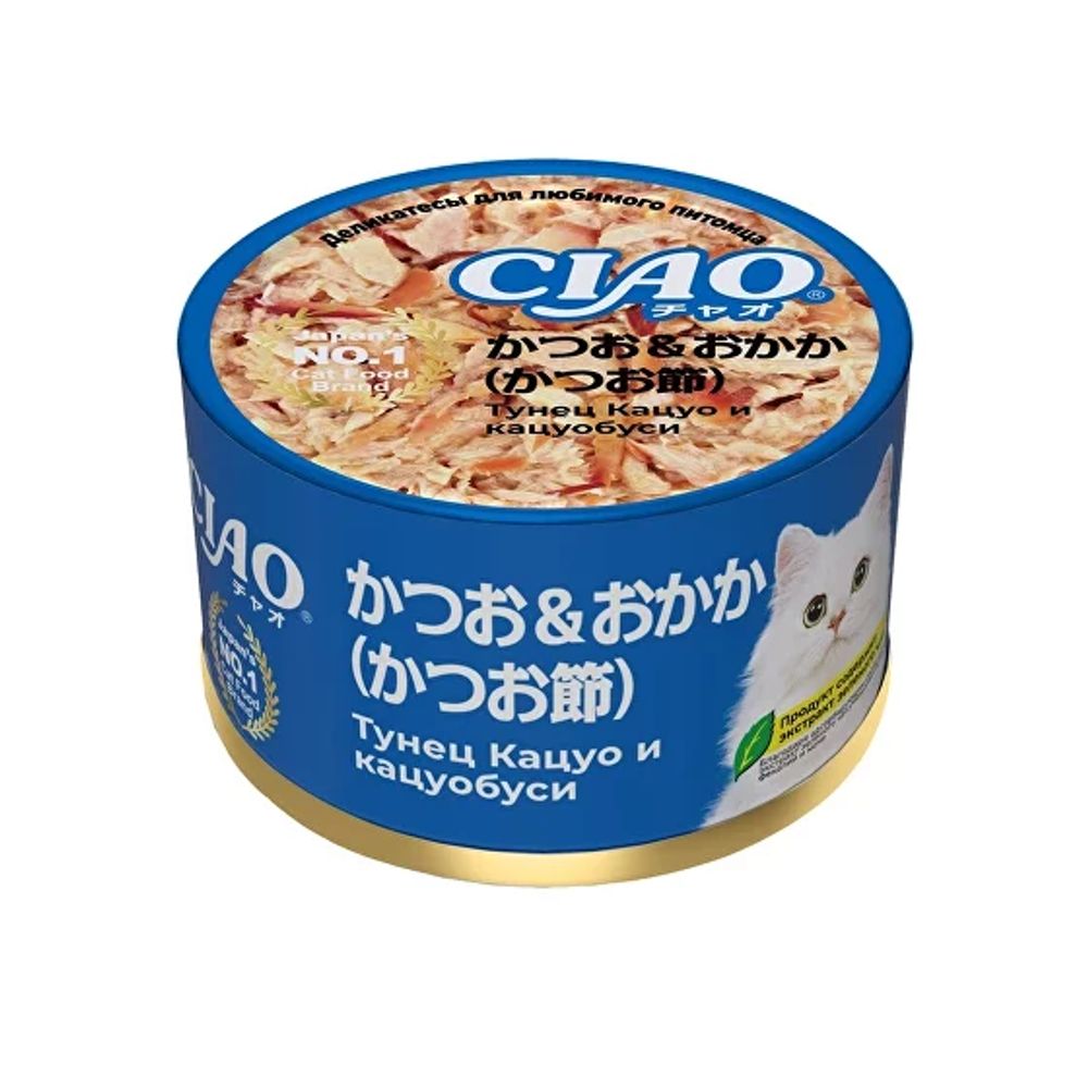 Консервы Inaba Ciao can для кошек, тунец Кацуо и кацуобуси - 85 гр