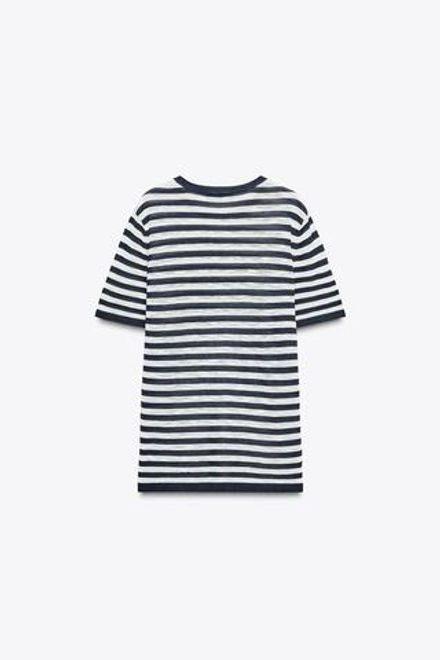 ZARA ПОЛОСАТЫЙ ТРИКОТАЖНЫЙ ТОП С КОРОТКИМИ РУКАВАМИ, ТЕМНО-СИНИЙ/БЕЛЫЙ