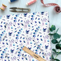 Ткань футер 2-х нитка синия трава и тысячелетник на белом фоне