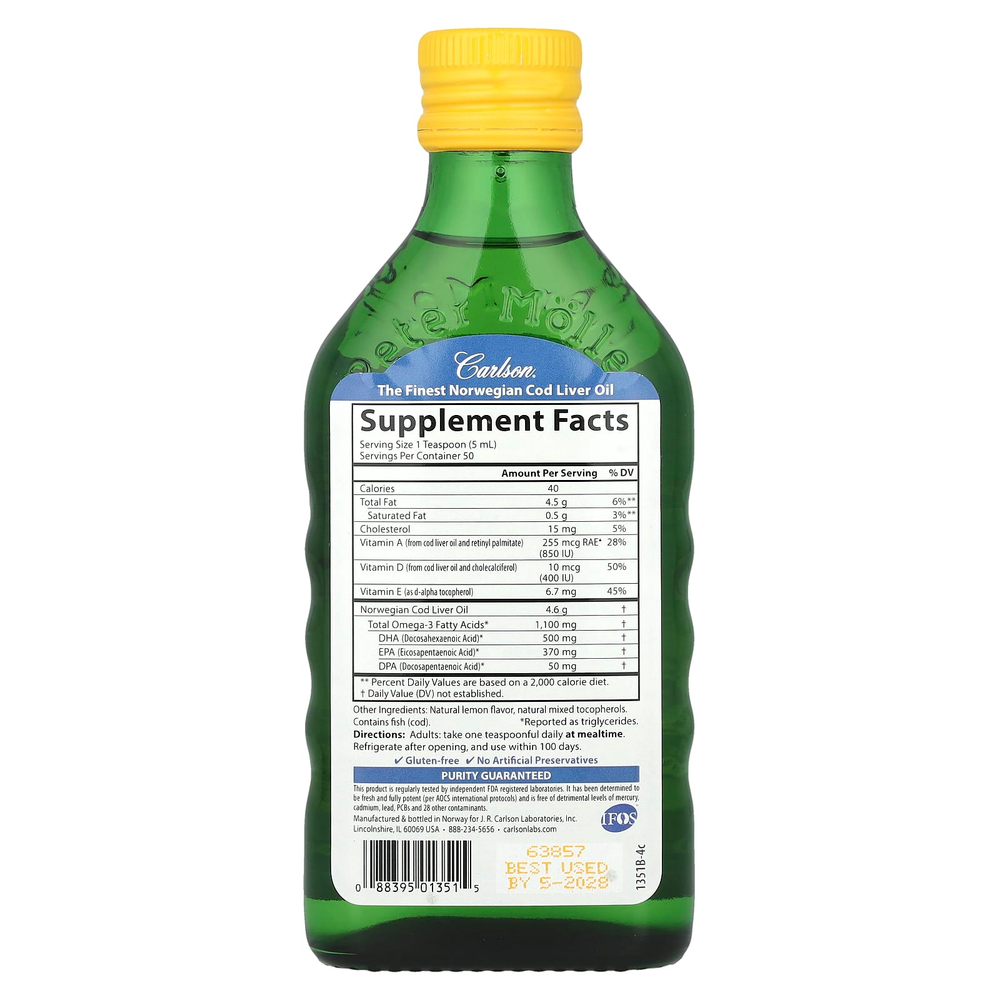 Carlson, Жир печени дикой норвежской трески, натуральный лимонный вкус, 1000 мг, 250 мл (8,4 жидк. унции)