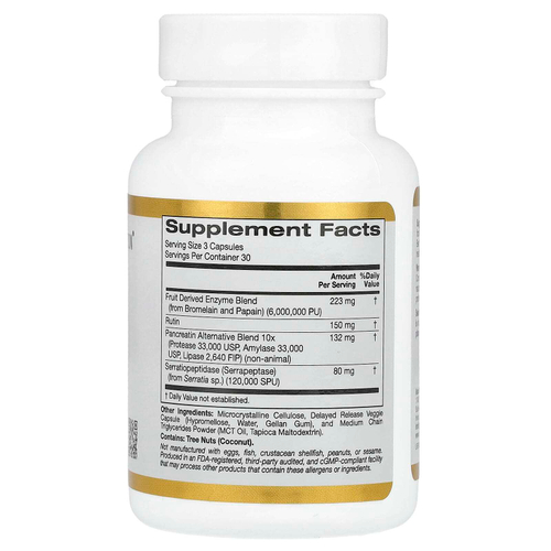 California Gold Nutrition, протеолитические ферменты со смесью фруктовых ферментов, рутином, альтернативной смесью панкреатина и серратиопептидазой, 90 растительных капсул с отсроченным высвобождением