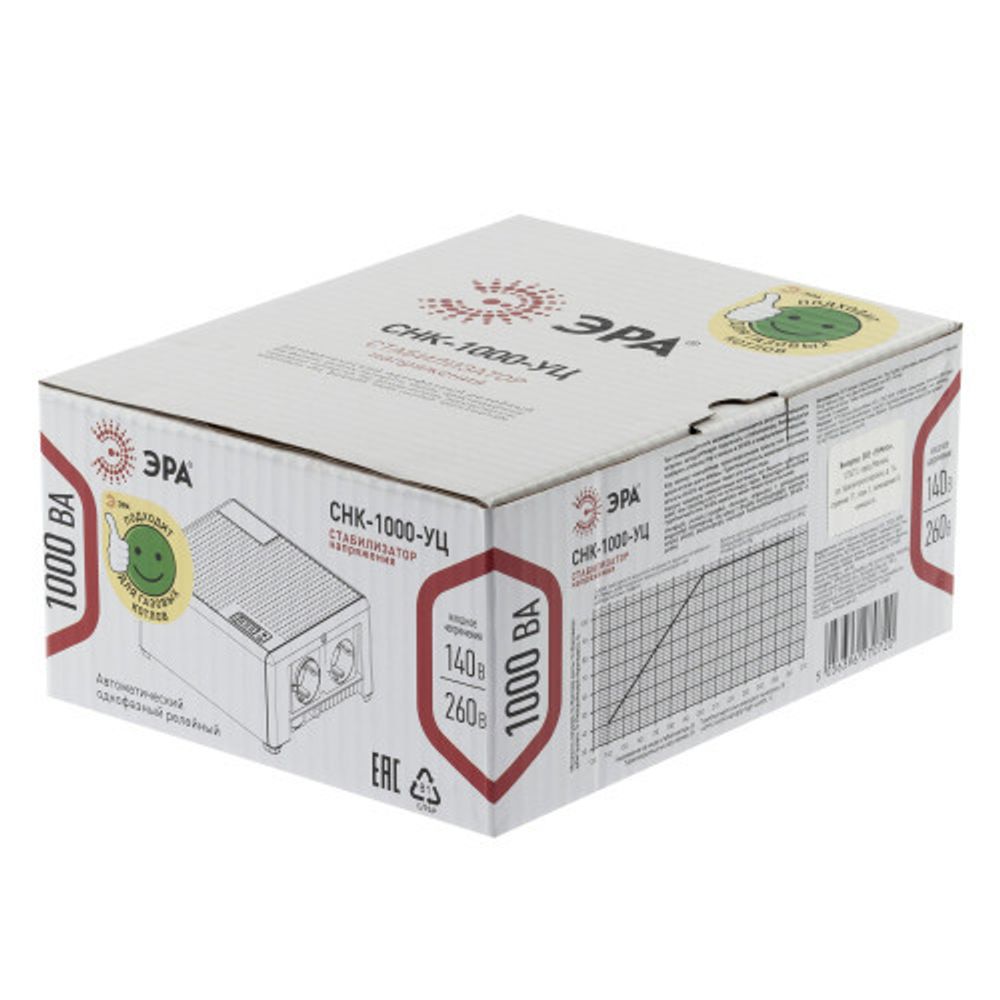 Стабилизатор напряжения ЭРА CНК-1000-УЦ компактный универсальный, 140-260В/220В, 1000ВА