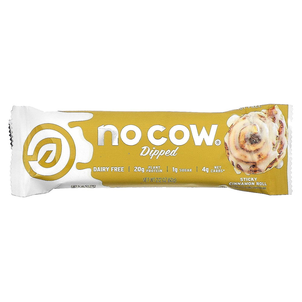 No Cow, Протеиновый батончик, липкая булочка с корицей, 12 батончиков, 60 г (2,12 унции)