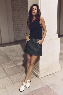 ZARA ТРИКОТАЖНЫЙ ТОП С КОНТРАСТНОЙ СТРОЧКОЙ БЕЗ РУКАВОВ, МОРСКОЙ СИНИЙ