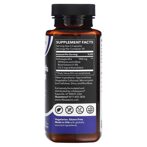 LifeSeasons, Экстракт корня ашваганды, 60 растительных капсул (450 мг на капсулу)