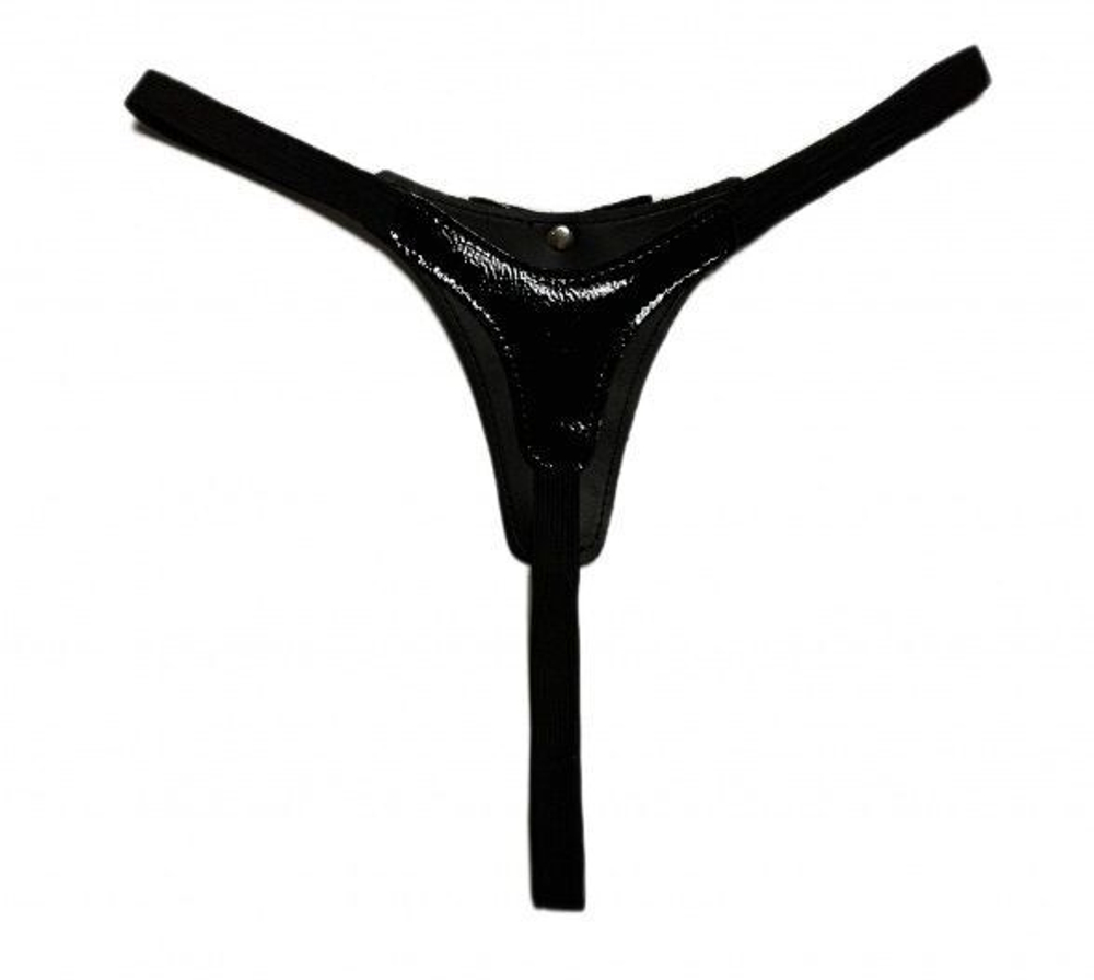 Черные лаковые трусики-стринги с бантиком (Размер: S-M) (Цвет: черный)