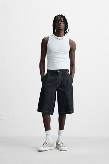 ZARA ДЖИНСОВЫЕ ШОРТЫ-БЕРМУДЫ BAGGY FIT СО ШЛЕВКАМИ, СИНИЙ