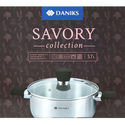 Кастрюля нерж, 3.7 л, с крыш, крышка стекло, Daniks, Savory, SD-A95-22, серебр, индукц