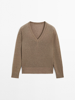 Massimo Dutti Вязаный свитер с длинными рукавами и V-образным вырезом, коричневый
