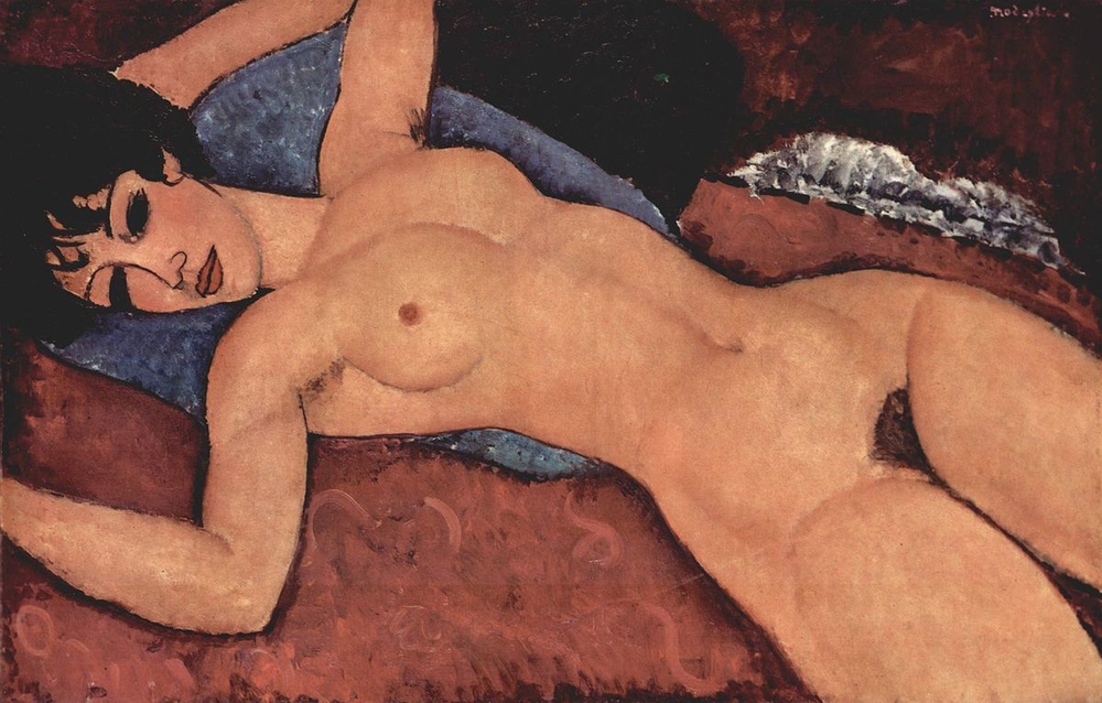 Амедео Модильяни. «Спящая обнажённая, раскинувшая руки» (Обнажённая в красном), Время создания: 1917 г. Размеры: 89Х146 см. Материал и техника: холст, масло. Местонахождение: Париж, частное собрание. Стиль, направление, эпоха: экспрессионизм.