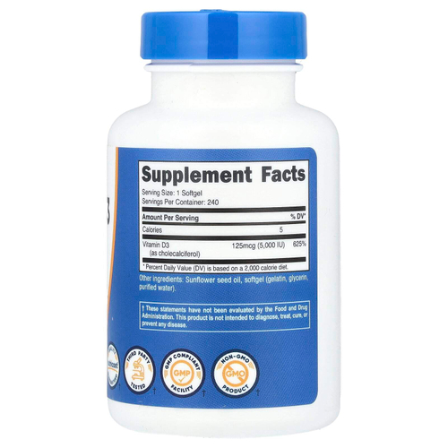 Nutricost, Витамин D3, 125 мкг (5000 МЕ), 240 мягких таблеток