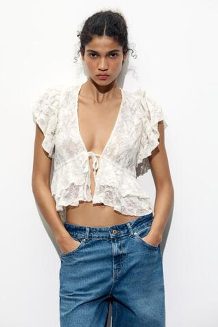 ZARA КРУЖЕВНОЙ ТОП С ЗАВЯЗКАМИ, БЕЖЕВЫЙ