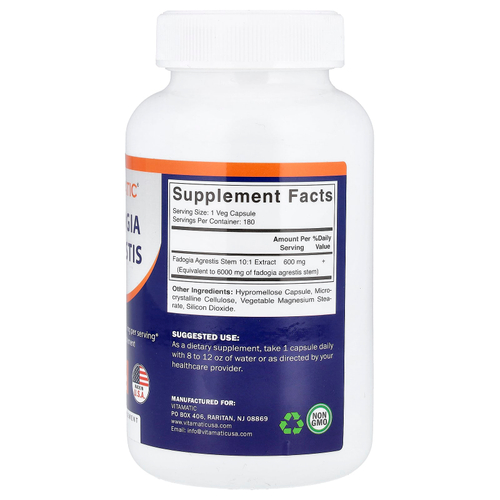 Vitamatic, Fadogia arestis, 180 растительных капсул (600 мг в 1 капсуле)