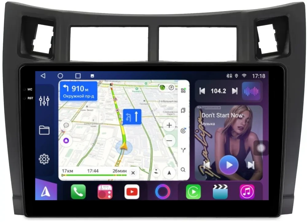 Магнитола для Toyota Vitz 2, Yaris 2 2005-2011 (рамка черная) - FarCar 3022M монитор 9.5" QLED на Android 14, TS18, CarPlay, 4G SIM-слот