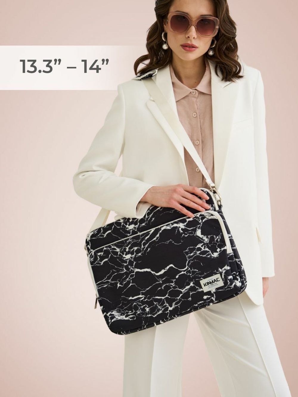 Сумка для ноутбука 13,3" и 14" с ремнем на плечо и большим карманом спереди (Черный мрамор)