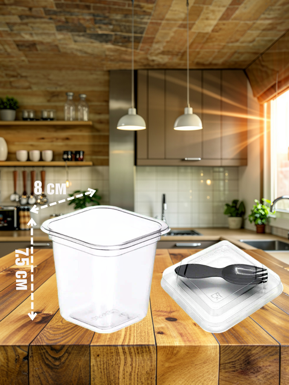 Комплект стаканчиков квадратных с вилочкой и крышкой 220 мл. - 12 штук.