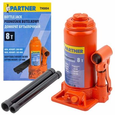 Домкрат бутылочный 8т с клапаном (h min 200мм, h max 385мм, ход штока-125мм, ход винта-60мм) Partner PA-T90804