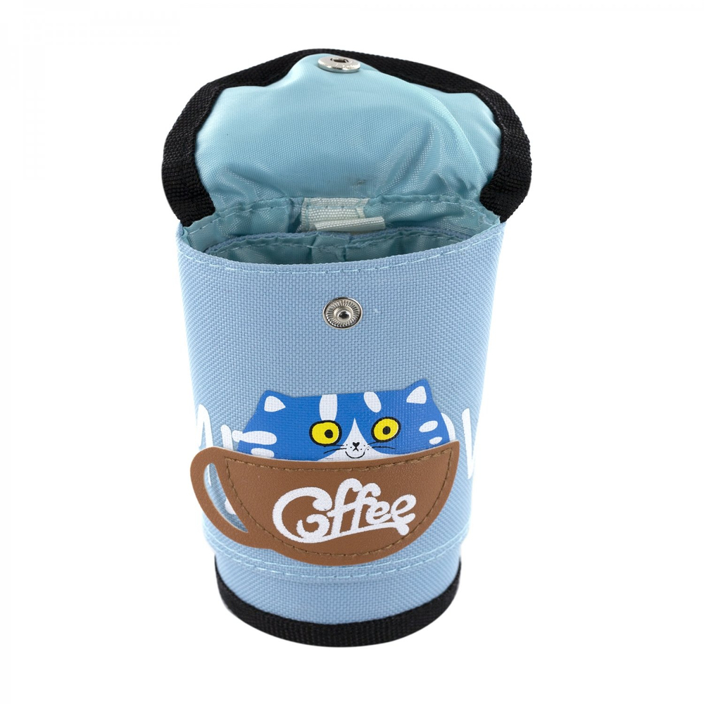 Пенал - тубус складной, Alingar, ПВХ, кнопка, 100 х 120 мм ( 100 х 195 мм), "Coffee cat", голубой (котик с кофе)