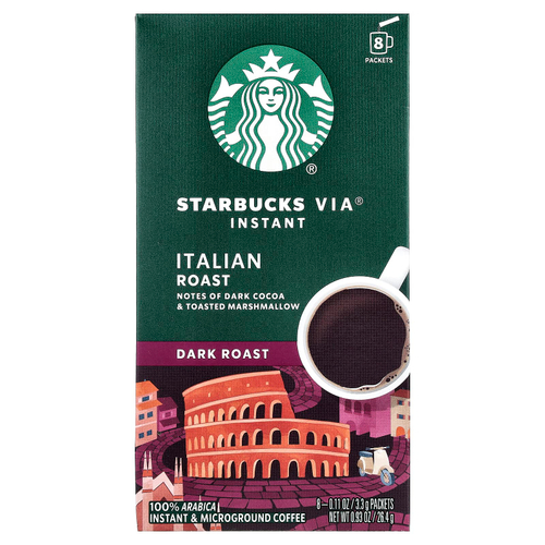 Starbucks, VIA®, растворимый кофе итальянской обжарки, микромолотый, темная обжарка, 8 пакетиков по 3,3 г (0,11 унции)