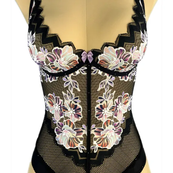 Кружево эластичное черное/цветы 22 см, Китай