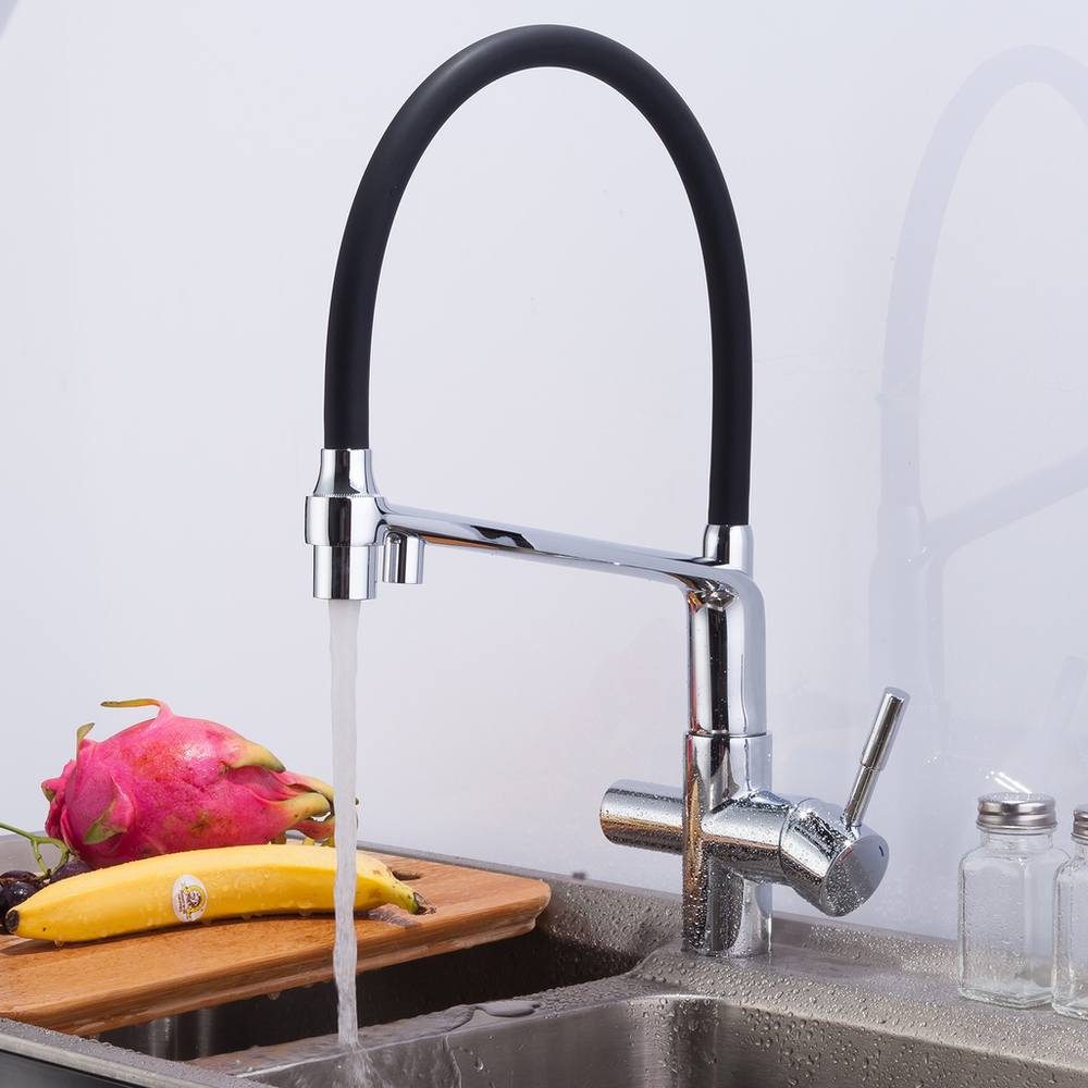 Смеситель для кухни 35к G4398-7 GAPPO гиб. излив, с вых. для пит. фильтра, п/шпильку, ЧЕРНЫЙ-хром