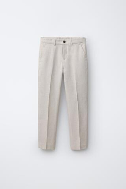 ZARA КОСТЮМНЫЕ БРЮКИ ИЗ ХЛОПКА И ЛЬНА, ЭКРЮ