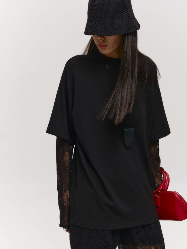 Лонгслив рукава из гипюра, черный