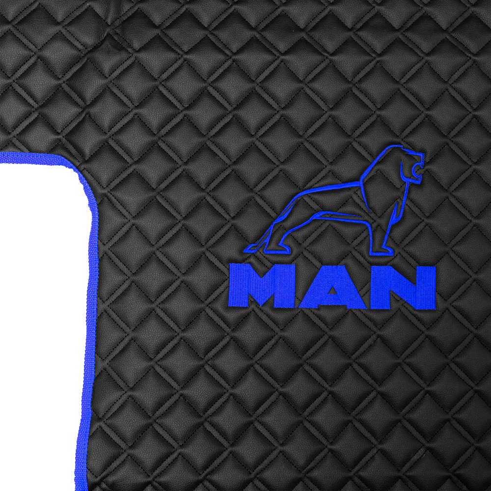 Ковры MAN TGS узкая кабина (механика), (экокожа, черный, синий кант, синяя вышивка)