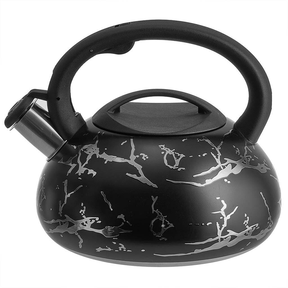 Чайник 3 л из нержавеющей стали со свистком, индукционное дно ALPENKOK AK-539 черный с серебром, ручка черный