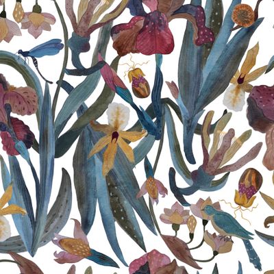 Ирисы, цветы, птица на светлом, акварель