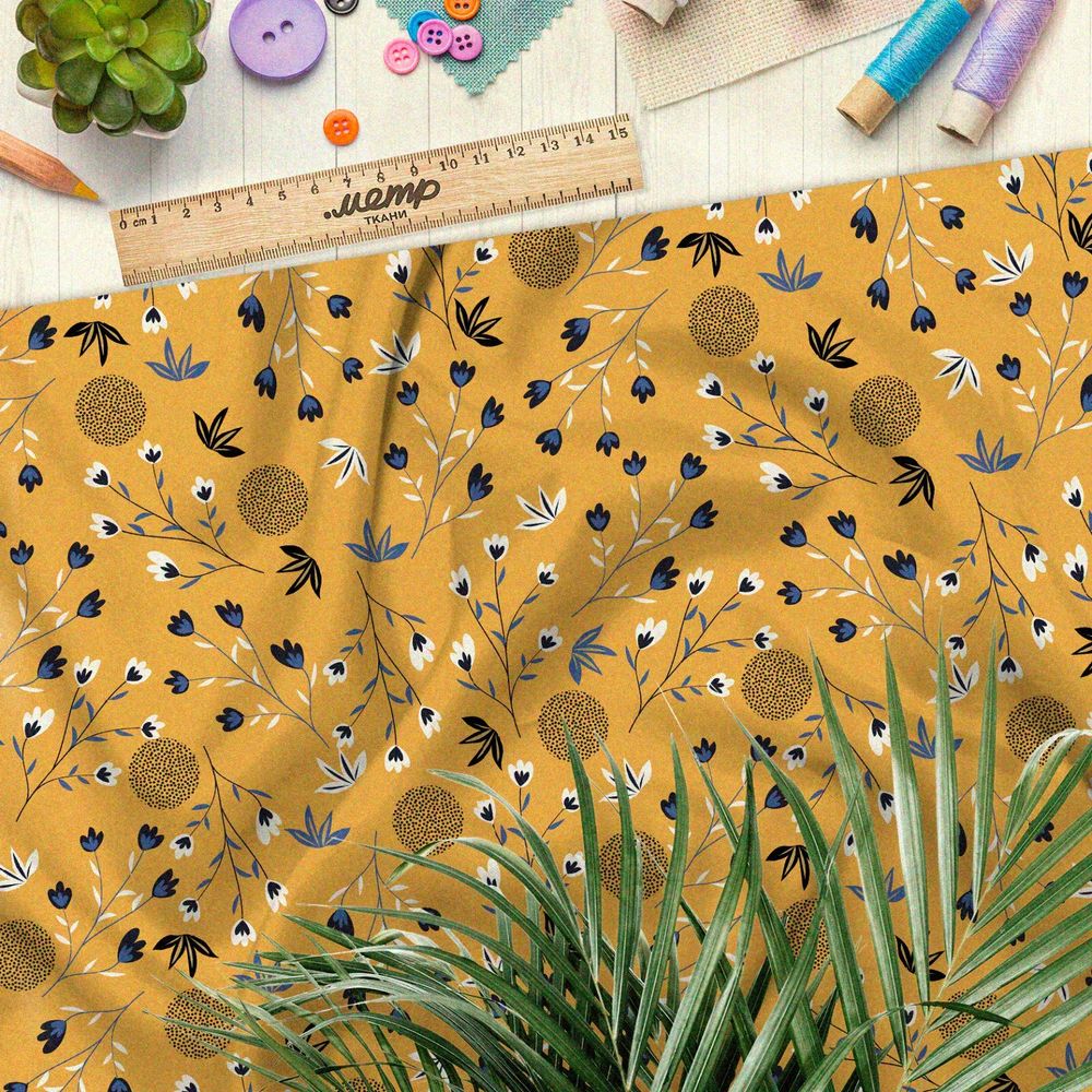 Ткань кулирная гладь полевые цветы и одуванчики на жёлтом фоне