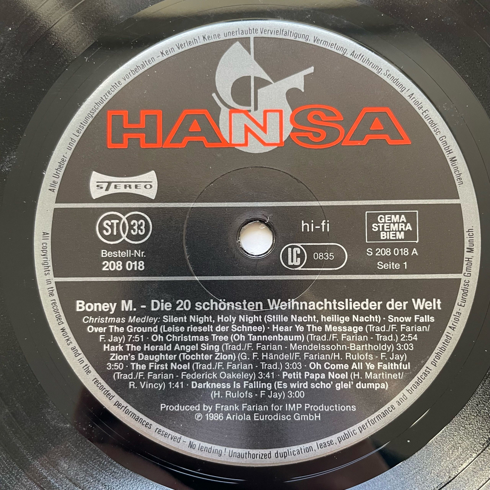 Винтажная виниловая пластинка LP Boney M. Бони М, The 20 Greatest Christmas Songs (Германия 1986)