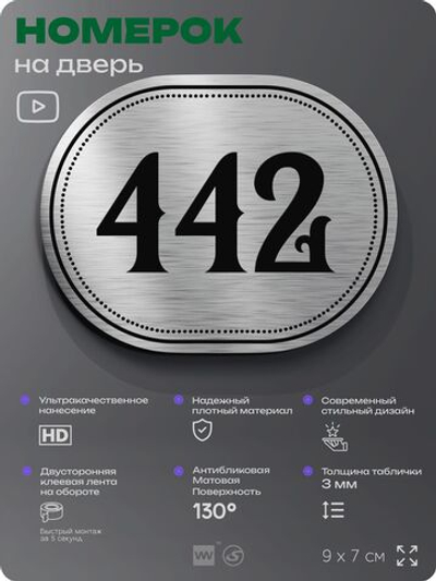 Номерок на дверь квартиры 442, для кабинета, офиса, шильдик 9 х 7 см, брашированная сталь, Айдентика Технолоджи